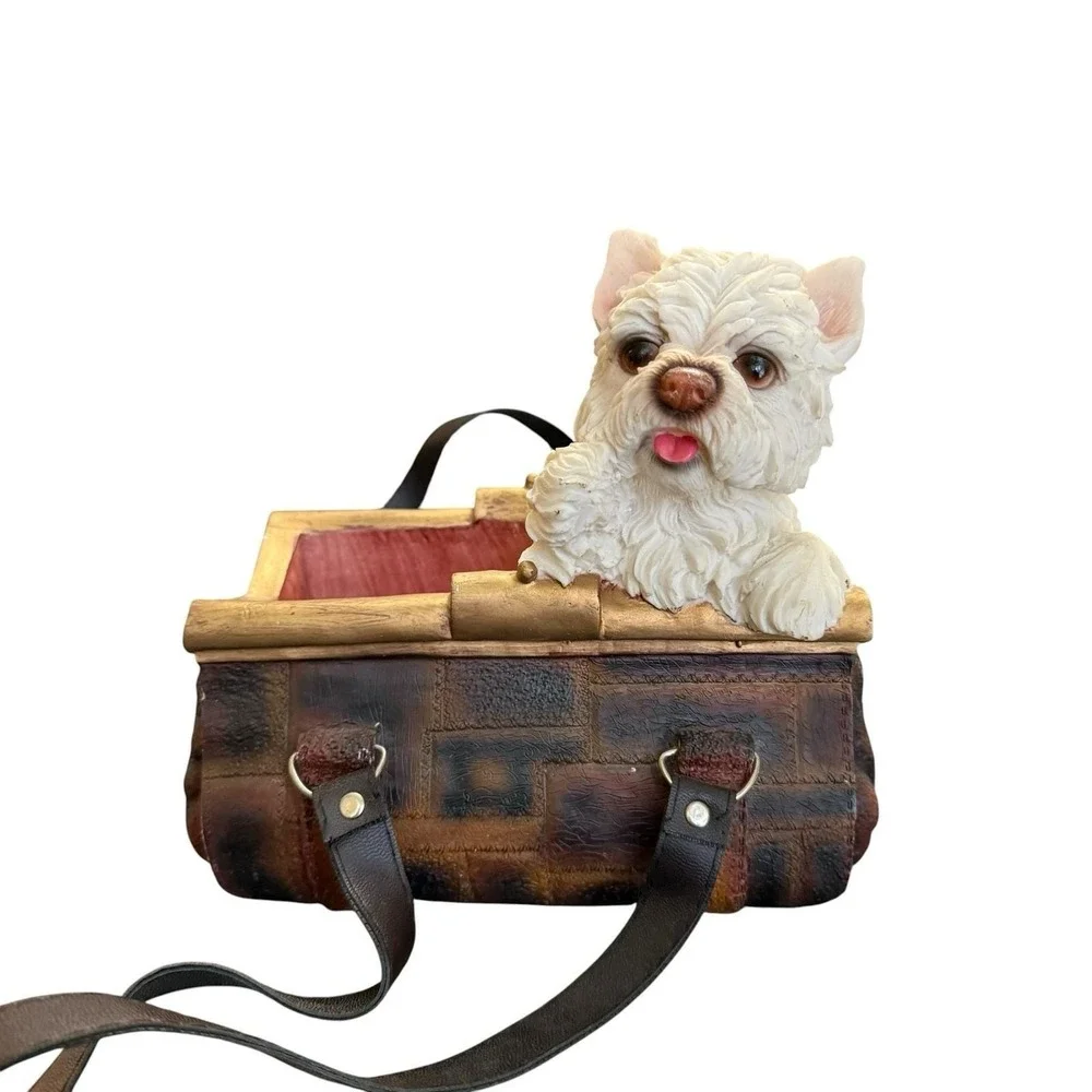 Vintage Westie Dog Purse Planter Resin Basket Faux Leather Handles Terrier Decor